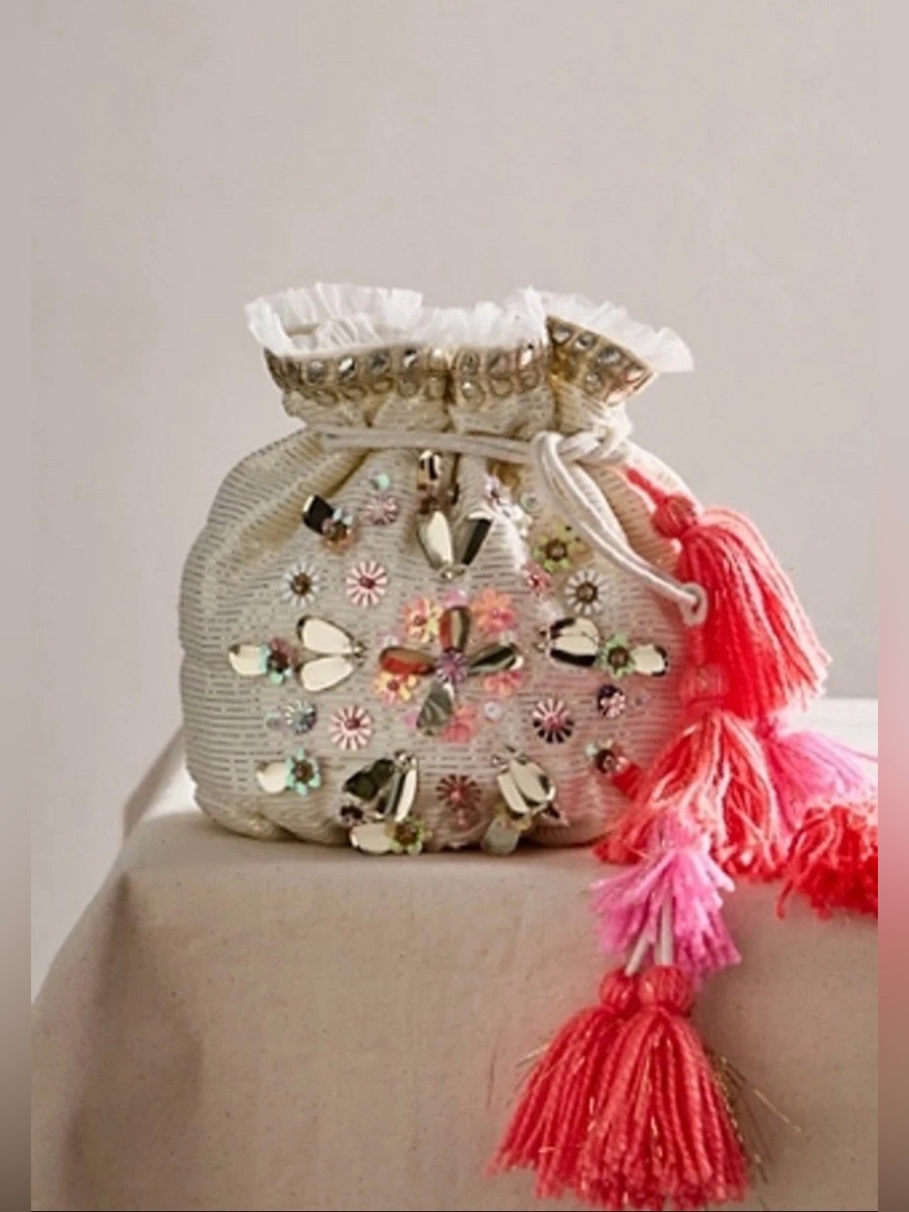 Free People Embellished Cream Drawstring Pouch with Pink Tassels